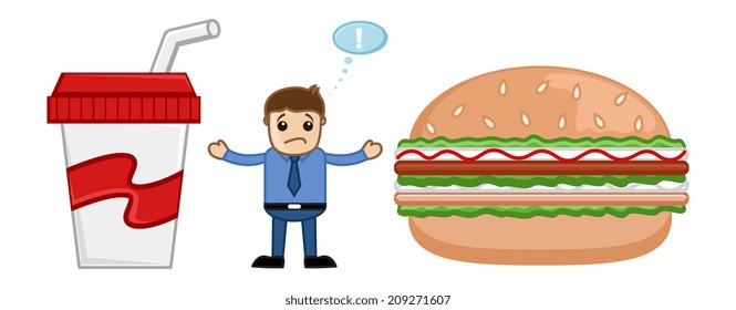 Junk Food - Cartoon Man Standing in Between Burger and Cold Drink