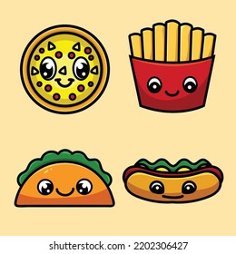 Junk Food Cartoon Mascot Vector Design Flat Cute Smile Expression Pizza Taco French fries Hot Dog