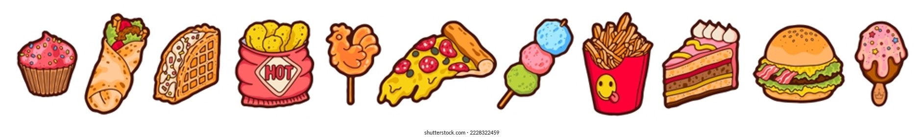 Junk food. Cartoon street food and desserts, sweet drinks, taco, hot dog with sausage and burger. Sandwich and fries potato. Emblems and stickers. Ice cream and waffles. Vector isolated set