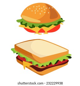 Junk Food Cheeseburger And Sandwich Isolated, Doodle Style