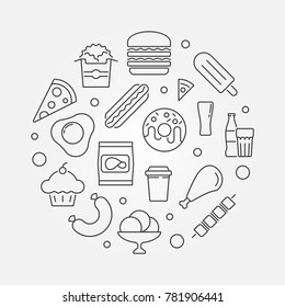 Junk food circular outline illustration - vector symbol made with hot-dog, burger, ice-cream and other fast food icons