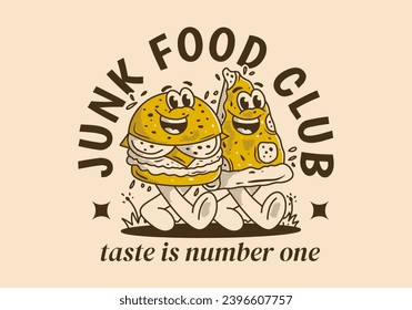 Junk Food club, taste is number one. Mascot character illustration of walking burger and pizza