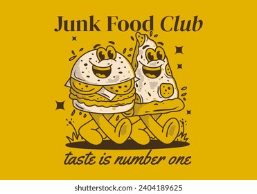 Junk Food club, taste is number one. Mascot character illustration of walking burger and pizza