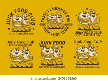 Junk Food club, taste is number one. Mascot character illustration of walking burger and pizza