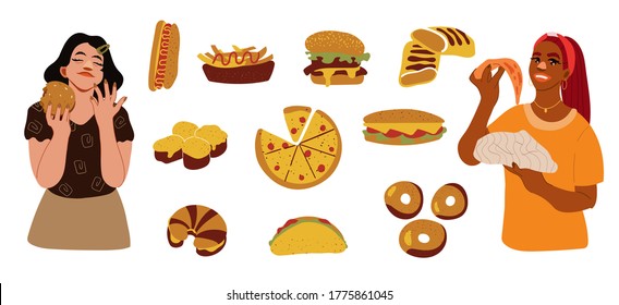 Junk food collection. Hand-drawn icons of hamburger, french fries, pizza, donuts, croissants, tacos, sushi isolated on white. Food delivery or takeaway. Modern trendy editable vector illustration.