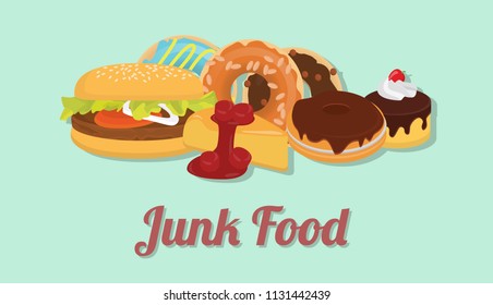 junk food collection pack unhealthy with burger sweet donut vector graphic illustration