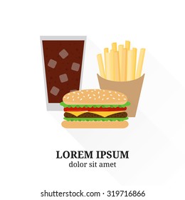 Junk food combo. Cola, french fries and burger. Flat style elements with long shadows.