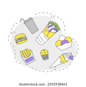 Junk food composition. Hamburger, french fries, ice cream and shawarma. Takeaway and unhealthy eating and fastfood. Cafe or catering menu. Linear vector illustration