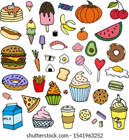 Junk Food Dessert Pastry Fruit Vegetables Ice Cream Drinks Vector Cartoon Line Doodle Element Isolated on White Background Collection Set