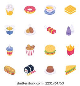 Junk Food and Desserts Isometric Icons 

