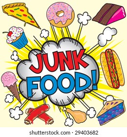 Junk Food Dieting Comic book inspired explosion of everything bad for your health, individually grouped.