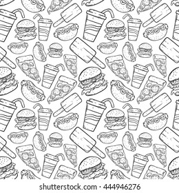 Junk food doodle art in seamless pattern