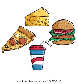 Junk food doodle set with pizza slice, burger, cheese and soda cup