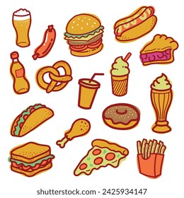 Diseño plano de ilustración vectorial de garabato de comida chatarra colorido