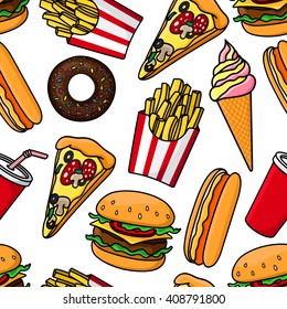 Junk food and drinks seamless pattern with cheeseburgers, hot dogs, pizza, french fries, takeaway soda, vanilla and strawberry ice cream cones and chocolate donuts on white background