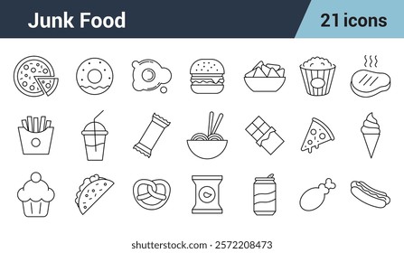  Junk food editable stroke outline icons set. Burger, fast snacks,  hot dog,  pizza. 