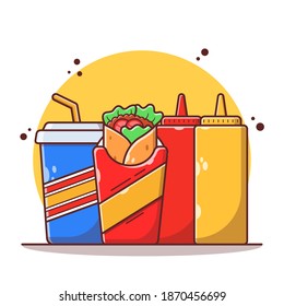 Elementos de comida chatarra, burritos, ketchup, mostaza y refrescos. Icono de comida rápida. Ilustración vectorial plana aislada.