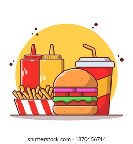 Junk food elements, hamburgers, french fries, ketchup, mustard, and soft drinks. Fast food icon concept illustration. Flat cartoon vector illustration isolated.