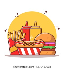 Junk food elements, hamburgers, french fries, ketchup, mustard, and hot dog. Fast food icon concept illustration. Flat cartoon vector illustration isolated.