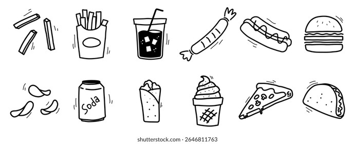 junk food fast food ícone doodle mão desenho pizza, hambúrguer, refrigerante