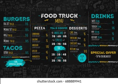 Junk Food festival menu template, street restaurant brochure cover. Modern truck flyer with hand-drawn lettering and items. Vector menu board.