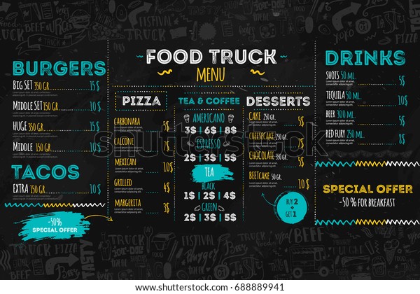 Junk Food festival menu template, street\
restaurant brochure cover. Modern truck flyer with hand-drawn\
lettering and items. Vector menu\
board.