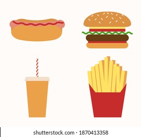 Junk food flat icons. Hot dog, hamburger, soft drink, French fries
