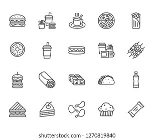 Junk food flat line icons set. Burger, fast snacks, sandwich, french fries, hot dog, mexican burrito, pizza vector illustrations. Thin signs for restaurant menu. Pixel perfect 64x64. Editable Strokes.