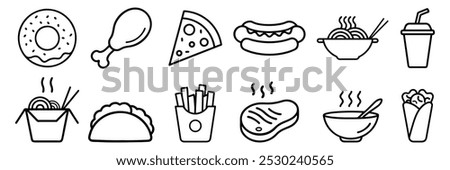 Junk food flat line icons set. Burger, fast snacks, sandwich, french fries, hot dog, mexican burrito, pizza vector illustrations. Thin signs for restaurant menu.