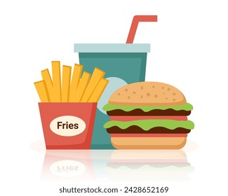 Junk food in flat style isolated on white background. Unhealthy food. French fries, drink and burger. Fastfood.