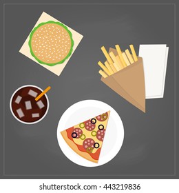 Junk food in flat style on chalkboard background. Cola, french fries, burger, slice of pizza. Top view.
