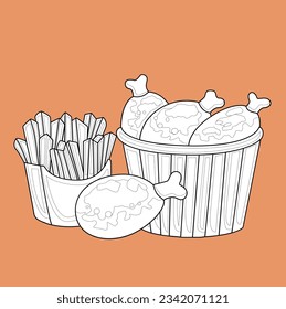 Junk Food Frech Fries and Fried Chicken for Lunch Time Cartoon Digital Stamp Outline