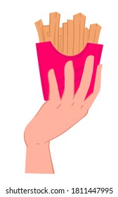 Junk food, french fries with salt in package. Isolated icon of hand holding meal from restaurant or bistro. Calories and fat in cooked potato strips. Crunchy meal nutritious dish vector