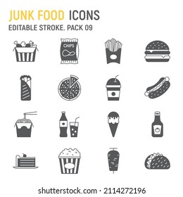 Junk food glyph icon set, fast food collection, vector graphics, logo illustrations, junk food vector icons, unhealthy eating signs, solid pictograms, editable stroke