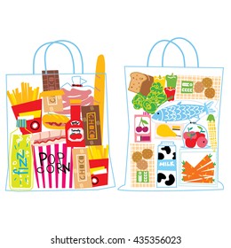 Junk Food And Healthy Food Bags.  Vector Illustration.