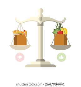 junk food e comida saudável em uma escala equilibrada. junk food é ruim em comparação com frutas e legumes. comida em uma escala. adequado para o tema de saúde