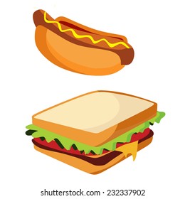 Junk Food Hotdog and sandwich isolated, doodle style