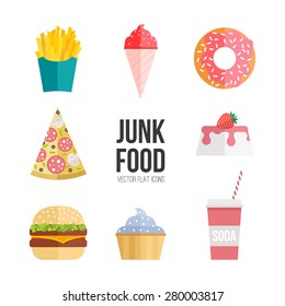 Junk food icon design. Flat illustration of unhealthy food, diet symbol or restaurant menu element. French fries, pizza, ice cream, hamburgers and other fast food symbols. 