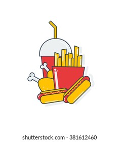 Junk food icon design. Flat illustration of unhealthy food, diet symbol or restaurant menu element. French fries, pizza, ice cream, hamburgers and other fast food symbols.