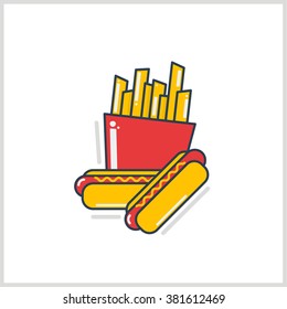 Junk food icon design. Flat illustration of unhealthy food, diet symbol or restaurant menu element. French fries, pizza, ice cream, hamburgers and other fast food symbols.