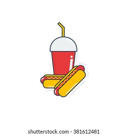 Junk food icon design. Flat illustration of unhealthy food, diet symbol or restaurant menu element. French fries, pizza, ice cream, hamburgers and other fast food symbols.