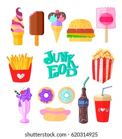 Junk food icon design. Flat illustration of unhealthy food. French fries, lollipop, ice cream, hamburgers, hot dog and other fast food symbols.

