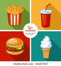 Junk food icon design. Illustrations of unhealthy food, diet symbol or restaurant menu element. French fries, ice cream, hamburgers and other fast food symbols.