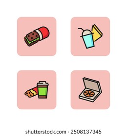 Conjunto de iconos de comida chatarra. Burrito, cóctel de leche, pizza, café con merienda. Concepto de comida para llevar. La Ilustración vectorial se puede utilizar para temas como el servicio de parto, la alimentación poco saludable