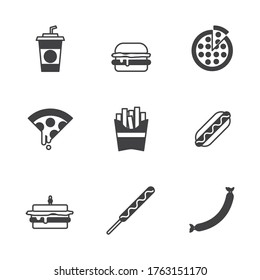 Junk Food Icon Set Illustration. Black Flat Style icon set. black icon set of junk food.