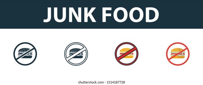 Junk Food icon set. Premium simple element in different styles from fitness icons collection. Set of junk food icon in filled, outline, colored and flat symbols concept.