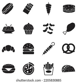 Junk Food Icons. Black Flat Design. Vector Illustration.