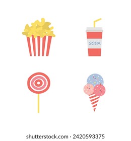 Junk Food Icons - Color set. popcorn, ice cream, lollipop, soda flat icons. editable vector from food concept.