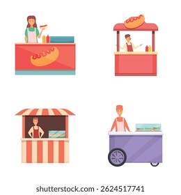 Junk food icons set cartoon vector. Seller of fresh hot dog near trolley. Street food