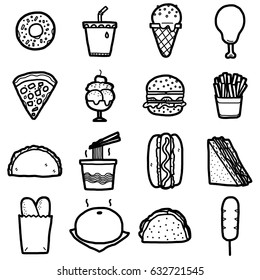 junk food, icons set / cartoon vector and illustration, hand drawn style, black and white, isolated on white background.